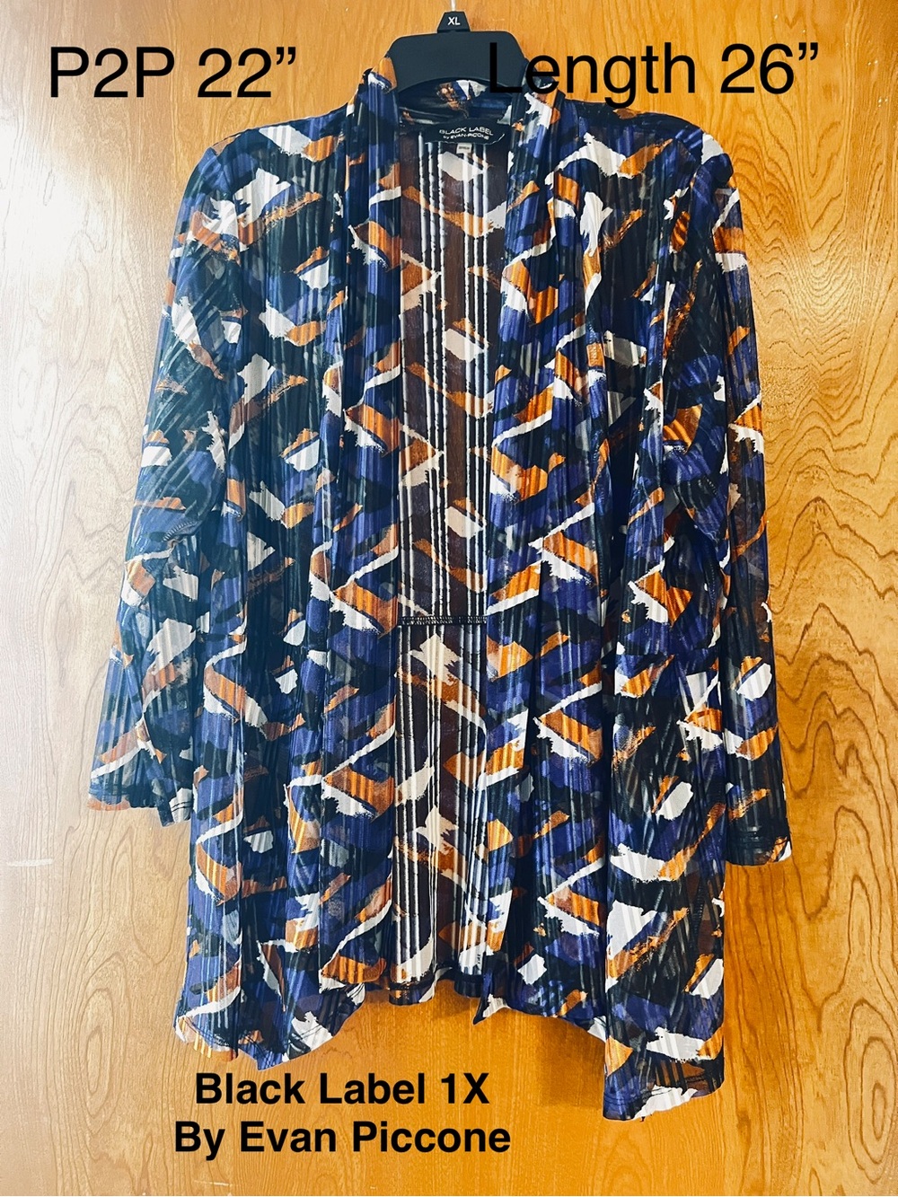 Black Label by Evan Piccone Open Front Patterned Cardigan - Navy, White, Rust 1X